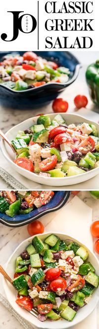 This Greek Salad is a classic salad of cucumbers and tomatoes loaded with feta cheese and olives. Perfect as a side dish or as a meal on its own and ready in just 10 minutes! #greeksalad