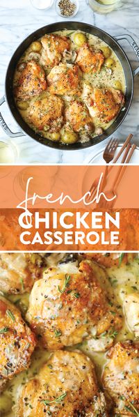 French Chicken Casserole - The coziest, most wholesome meal. With golden brown chicken, tender potatoes, white wine, fresh rosemary + thyme.