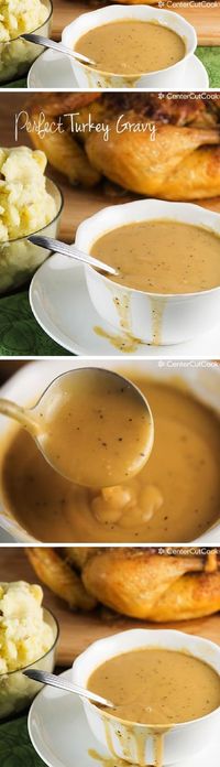 PERFECT TURKEY GRAVY Recipe with instructions to make it with or without drippings. All you need is butter, flour, black pepper, chicken or turkey stock and/or drippings! Perfect for Thanksgiving!