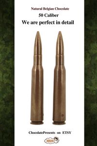 #Chocolate #Bullet #EdibleBullet #50BMGbullet   #50Caliber  #militarygift #militarylove #military #fathergift For #ballistic enthusiasts, we have one more offer.  A set of two cartridges, which, despite being made of chocolate, look very realistically.  Of course, their biggest advantage is the wonderful taste!  Net weight: 4.02oz/0.25lb/114 g Dimensions: 3.5 x 6.5 x 16.5 cm Type of Chocolate: MILK, DARK