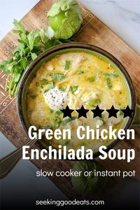 Delicious Green Chicken Enchilada Soup can be made in your slow cooker or instant pot. Easy to make and so delicious! "BEST soup EVER!" :) A creamy broth of green enchiladas sauce, salsa verde, cheeses, and tender shredded chicken, you can't go wrong with this recipe. Low carb and keto chicken crockpot soup recipe