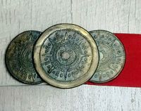 Nice vintage unisex Belt features a sturdy metal buckle depicting 3 seperate coin look pieces that are embossed with the Aztec Mayan Calendar.  Small brass hook underneath attached to a sturdy Red elastic fabric. I have actually laundered this and was going to polish the metal but chose to leave as is and let the owner decide! Measures 28" long unstressed x 2" wide, the buckle measures 4.25" x 2.25".  Please use the ZOOM feature to inspect thoroughly.