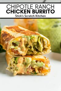 This copycat recipe for Taco Bell's chipotle ranch grilled chicken burritos features grilled chicken, Mexican blend cheese, lettuce, tomatoes, avocado, and tortilla strips wrapped in a toasted tortilla and drizzled generously with avocado ranch and chipotle ranch dressings. #chipotleranchgrilledchickenburrito #copycatrecipe #tacobellburrito #chickenburrito #burrito #burritorecipe #chickenrecipe