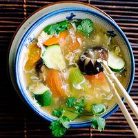 "The ingredients in Vegetable Egg-Drop Soup are healthy and simple, and each one contributes to the flavor profile and color contrast," says Chef Martin Yan. The northern Chinese soup is versatile too; omit the chicken to make it vegetarian, or add fresh water chestnuts for more texture.