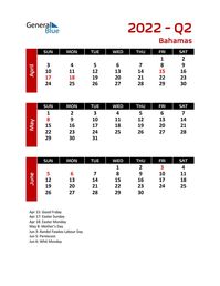 Free quarterly calendar for Bahamas with holidays. Holiday calendars in PDF, Word, and Excel are printable and easy to customize.