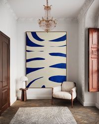 “Serene Horizons” Extra Large Abstract Painting on Canvas, Royal Blue Painting, Ecru Painting, Blue Abstract Art, Hotel İnterior, Living Room Wall Art, Minimalist Painting, Modern Art