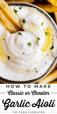 Garlic Aioli Recipe (Classic and Cheater Versions) from The Food Charlatan. I will show you just how easy it is to make homemade Garlic Aioli Sauce! Making it from scratch is quick and easy, but I have a cheater version that is even quicker and easier. Either way you make it, aioli is lemony garlicky heaven! It will be your new favorite condiment in no time. Perfect for fries or veggies. Serve this Garlic Aioli as an appetizer at your next party, on Thanksgiving or Easter, or even on game day! 