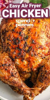 All this amazing recipe needs is a whole chicken, a little olive oil, and some seasonings. It is really that simple! Using the air fryer makes this recipe so quick and easy to prepare, and clean up is a cinch. Season a whole chicken and air fry for about an hour. Voila... crispy skin, juicy meat, perfect. #spendwithpennies #airfryerwholechicken  #quickairfryer #roastedchicken