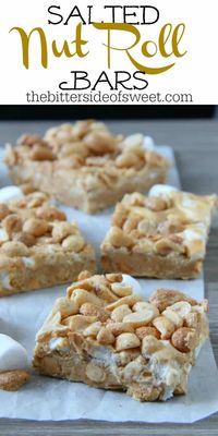 Salted Nut Roll Bars are a candy classic made into a delicious ooey gooey bar! Filled with peanut butter and marshmallows, the whole family would enjoy it! | The Bitter Side of Sweet #bars #dessert #holiday