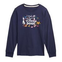 Disney Classics - Cats & Dogs - I Want All The Disney Dogs - Toddler And Youth Long Sleeve Graphic T-Shirt - Celebrate the essence of Disney's Disney with officially licensed apparel featuring unique designs crafted exclusively by Hybrid Apparel. Each piece brings beloved characters, iconic imagery, and memorable moments to life, offering Disney fans a one-of-a-kind way to showcase their passion.