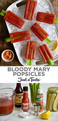 Bloody Mary Popsicles are here to elevate your brunch game! Grab your vodka of choice for these perfectly tangy and spicy boozy popsicles. #justatasterecipes