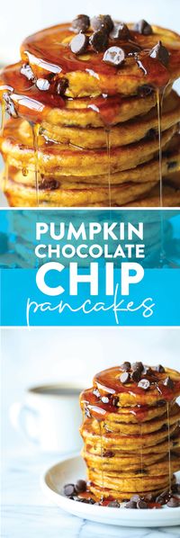 Pumpkin Chocolate Chip Pancakes - The most amazing pumpkin pancakes – so light + fluffy and made with semisweet chocolate chips. PERFECTION.