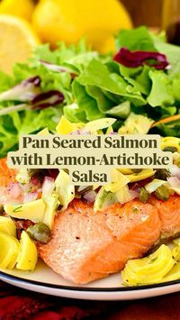 Salmon with Lemon-Artichoke Salsa pairs pan seared salmon filets with a fresh and zippy salsa. This is a gorgeous, fresh, and low carb seafood recipe!