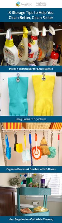 A tension rod for your spray bottles, and hooks to hang your gloves are just a couple of ways organizing your cleaning materials around your home can make your spring clean quicker. Use these 8 storage tips for your best and fastest seasonal cleanse yet.