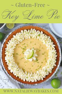 Tangy sweet Key Lime Pie. This Gluten-Free Key Lime Pie is super creamy and and a breeze to make. Topped with a delicious homemade coconut whipped cream. Includes a dairy-free version. #keylimepie #keylime #glutenfreepie