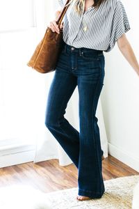 Stitch Fix Stylist, I love the flared jeans and loose, printed top. I prefer wearing wide leg or flared jeans with heels and like a higher waist.