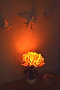 "Brigth Orange Chrysanthemum Flower LED Lamp ❤ Good for Farmhouse style.  Good for living room, bedroom, dorm or kids room. Perfect unique housewarming gift. Soft orange-red light. Made by hands from safe materials: isolon (foam material) for flower shade and leafs, metal+plastic for stem and electrical power components to make this flower shine.  The flower is in a ceramic pot. - powered by 220V. (Plug will be selected from the buyer's destination country or you can note it in your order.  By default we provide a 2 round pins plug (EU Standard 220v Electrical Wire). We will add a 2 flat pins plug for buyers from the United States, Canada and Japan) - LED-Lamp included. The flower lampshade can be removed for cleaning. Cleaning methods: ◦wipe it with a cloth ◦blow off the dust  ◦wash it wi