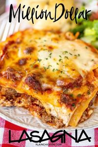 This Million Dollar Lasagna is seriously THE BEST lasagna we've ever eaten!!! SO easy to make and tastes like a million bucks. Lasagna noodles, cottage cheese, cream cheese, sour cream, Italian sausage, spaghetti sauce, tomato sauce, mozzarella, and parmesan. Serve with some garlic bread and a salad. Can make in advance and refrigerate. Freeze leftovers for later. We LOVE this lasagna casserole recipe!!!