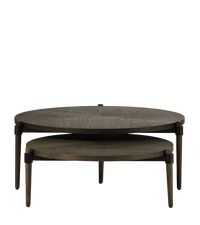 Each of these tables features a round wooden top with a slightly different finish and a striking three-legged design.