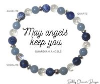 "\"May Angels Keep You\"  Guardian Angel Gemstone Crystals bracelet  Stones: Angelite, Quartz, Sodalite Size: choose your size Stone size: 8 mm Original Design & Handmade in Canada ANGELITE: guardian angels, guidance, communication, protection SODALITE: sleep, moving homes, wisdom, menopause QUARTZ: energy, healing, success Packaging: velvet bag and tissue paper. Ready to gift. Intention: \"May Angels guard you through the night and keep you safe til morning light.\" FREE SHIPPING!"