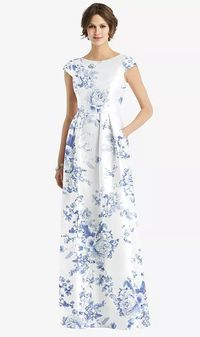 Cap Sleeve Pleated Skirt Floral Satin Bridesmaid Dress With Pockets In Cottage Rose Larkspur | The Dessy Group