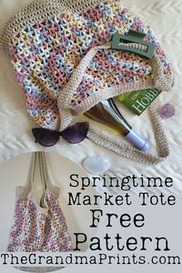 Get the free crochet pattern for this springtime market tote on https://thegrandmaprints.com/