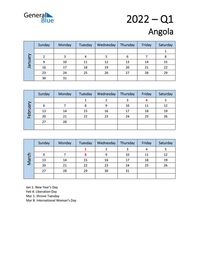 Free quarterly calendar for Angola with holidays. Holiday calendars in PDF, Word, and Excel are printable and easy to customize.