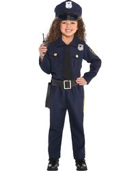 Item Includes: Hat. Shirt. Trousers. Walkie-talkie. Belt with holster. Fit and Sizing: See size chart image for details. Fabrics and Care: Polyester. Hand wash, hang dry. Please note: Shoes not included. You are under arrest! Keep the party under control and keep order wearing this Playtime Police Officer Girls Costume. This smart costume comes with a navy blue shirt with gold buttons, printed police badges and an attached black tie. There is a pair of navy blue pants with yellow strip down the