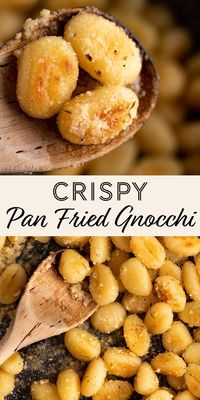 This crispy pan fried gnocchi is a simple and quick recipe to make in only 20 minutes for an easy weeknight meal. Crispy gnocchi coated in a light sauce made with garlic, herbs, butter and parmesan.