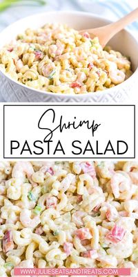 Quick and easy creamy Shrimp Pasta Salad comes together quickly for summer picnics and potlucks. Loaded with shrimp, onions, peppers and tossed in a creamy, homemade dressing. It's the perfect pasta salad that will quickly become a go-to.