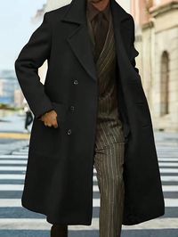 Solid Color Double-Breasted Long Sleeve Woolen Coat Plain Overcoat For Husband Black Casual  Long Sleeve Woven Fabric Plain  Non-Stretch  Men Clothing, size features are:Bust: ,Length: ,Sleeve Length: