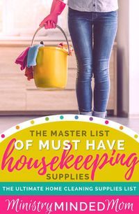 The master list of must have housekeeping supplies lists everything you need in your home cleaning kit. This cleaning supplies list will help you to stock up on all the supplies and tools so you can tackle any job that comes your way. / cleaning supplies checklist / home cleaning supplies / cleaning tools list / cleaning tools checklist / home cleaning tools / #springcleaning #cleaning #cleaningsupplies #cleaningtools