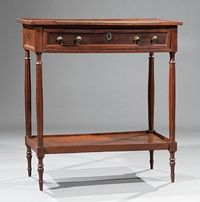 Antique Louis XVI Fruitwood Desserte, late 18th c., galleried top, frieze drawer, fluted tapered legs, stretcher shelf, turned tapered legs, h. 33 1/2 in., w. 31 in., d. 14 1/2 in