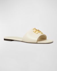 Tory Burch "Eleanor" sandals in calf leather    Golden double T logo medallion    Flat heel    Easy slide style    Open toe    Wide band upper    Leather outsole    Lining: Leather    Imported