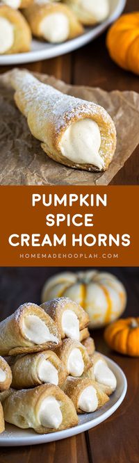 Pumpkin Spice Cream Horns! Delicate and flaky puff pastry filled with creamy pumpkin spice filling. They are THE delicious embodiment of fall! | HomemadeHooplah.com