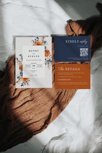 Create a warm and inviting atmosphere with our "Editable Burnt Orange Wedding Invitations Set." This terracotta and navy blue wedding invitation includes an RSVP QR code, perfect for fall wedding ideas featuring navy and burnt orange tones. 𝑵𝑶𝑻𝑬: 𝑨𝒍𝒍 𝒕𝒆𝒙𝒕 𝒊𝒔 𝒆𝒅𝒊𝒕𝒂𝒃𝒍𝒆. 𝑮𝒓𝒂𝒑𝒉𝒊𝒄𝒔 𝒂𝒓𝒆 𝒏𝒐𝒕.  𝑯𝑶𝑾 𝑫𝑶𝑬𝑺 𝑰𝑻 𝑾𝑶𝑹𝑲?  You can instantly download and customize this 5x7 and 5 x 3.5 inch insert templates to fit your needs. Add the couple's names, location of the ev