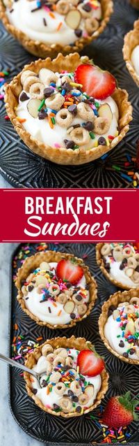 This recipe for breakfast sundaes is waffle cone cups layered with fresh fruit, Cheerios™ cereal and yogurt, then finished off with an array of fun toppings. A fun way to make breakfast special! #SummerOfCheerios #ad