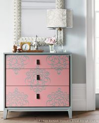 Stenciled Dresser | Small Ribbon Damask Stencil by Royal Design Studio