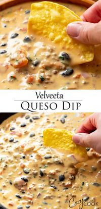 This Velveeta Queso Dip has Rotel tomatoes, beef, beer, black beans, and smooth Velveeta cheese! It's EASY to make in the Crock Pot or on the Stove Top. #appetizerrecipes #diprecipes #mexicanrecipes