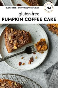 Get ready to enjoy a thick slice of Gluten-Free Pumpkin Coffee Cake to kick off pumpkin season! Including a layer of pumpkin spice swirl and a cinnamon pecan topping, this pumpkin coffee cake recipe is warm and inviting, and the perfect addition to a fall or holiday breakfast or brunch.