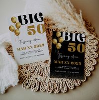 "Big 50 Birthday Invitation Bundle | 50th Birthday Party Invite | Editable Fifty Bday Celebration Card | Canva Template | Black and Gold Card Hit that ♥︎ to Favorite this! ♥︎ (2) Card Templates | Colors: Gold, White, and Black   ✔ Fully Editable with Canva Pro ✔ Customizable - Color, Font type, and more ✔ Print Ready ✔ Free for Personal Use ✔ Instant Download - No Shipping Needed Please note that this is a digital file - A Canva Pro link will be provided instantly upon purchase via email (and ca