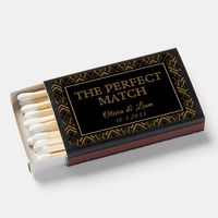 Add a touch of vintage elegance to your celebration with our The Perfect Match Vintage 1920s Art Deco Wedding Favors. Featuring a stunning gold Art Deco background, this design is perfect for a Great Gatsby-inspired wedding. The retro "Perfect Match" text adds a charming touch, while the custom names and date make it uniquely yours. These personalized matchboxes are ideal for black and gold-themed weddings, 1920s vintage weddings, or any celebration where elegance and style are paramount. As pra