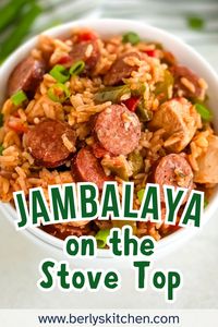 This stovetop Chicken and Andouille Sausage Jambalaya recipe is a tasty one pot meal that has the perfect amount of spice! #stovetop #jamalaya #creole #chicken #andouille #sausage #onepotrecipe