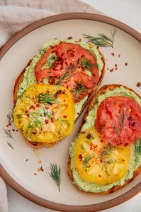 Marinated Tomato Toast with Garlic Dill Edamame Spread - Plant Based RD