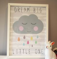 A beautiful modern print of a cloud, perfect for a baby or childs bedroom/nursery. Featuring a lovely grey cloud with coloured raindrops. (not framed)It is available in different colours please ask us!This print looks just gorgeous in a babies nursery or young childs bedroom. We also have 2 other matching prints in this range - a Cloud and a Star so you could have a set of 3! Featuring the words: Dream Big Little one (can be altered to suit your theme)Printed on A3 high quality Matte 230gsm ...