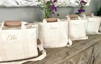 These are Gorgeous Personalized Bridesmaid Tote bags.  They are made of a cotton canvas with leather handles. These are perfect gifts for your bridal party, bridal proposal or bachelorette party. Each bag comes with a custom embroidery with a name or initials if purchased. ( NO stickers or heat seal personalization here)  These trendy multi pocket messenger bag is available in Cream Or Black. They have many pockets outside, removable crossbody strap and inside with a bottom gusset.  You can choose the font style and the thread color of your choice. The Tote bags dimensions : 12" Wide x 9.5" Tall x 6.2" deep. How to order : Drop down 1: Select your quantity bag/Bag Color/ to be personalized or not Drop down 2: Font Style Personalization Box: -Name or Initial(s) -Thread Color FYI : The font