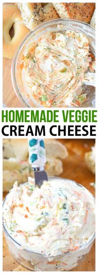 Homemade Vegetable Cream Cheese Spread recipe for bagels! Can be used for bagel chips as a vegetable cream cheese dip too. via @CourtneysSweets