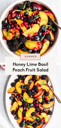 Gorgeous honey lime basil peach fruit salad made with fresh peaches, blackberries, blueberries and pomegranate. This summer peach fruit salad recipe is lightly tossed with honey, lime juice, and fresh basil leaves for a fresh side dish that's perfect for bbq's and parties! #fruitsalad #sidedish #peachrecipe #peaches #blueberries #blackberries