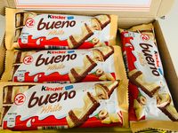 Cheer up someone you love with the perfect indulgent treat box full of white chocolate Kinder Bueno. This can be personalised with a card of your choice just to say hello, happy birthday, I miss you or I love you 💕 White Chocolate Covered Wafer With Smooth Milky And Hazelnut Filling WHITE CHOCOLATE 28% (COCOA BUTTER, SUGAR, SKIMMED MILK POWDER, CONCENTRATED BUTTER, EMULSIFIER: LECITHINS (SOYA), VANILLIN), SUGAR, PALM OIL, WHEAT FLOUR, SKIMMED MILK POWDER, MILK POWDER, HAZELNUTS (5 WHEY POWDER (