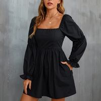 95% Polyester, 5% Spandex Square Neck Dress Is Flowy, Slightly Structured, And Lightweight. Long Sleeve Has Ruffle Details And Elastic Wrist. The Puff Sleeves Can Be Worn Up Or Off The Shoulder. Flowy Hem With Babydoll Shape. Hidden Zipper At The Right Waist Side.